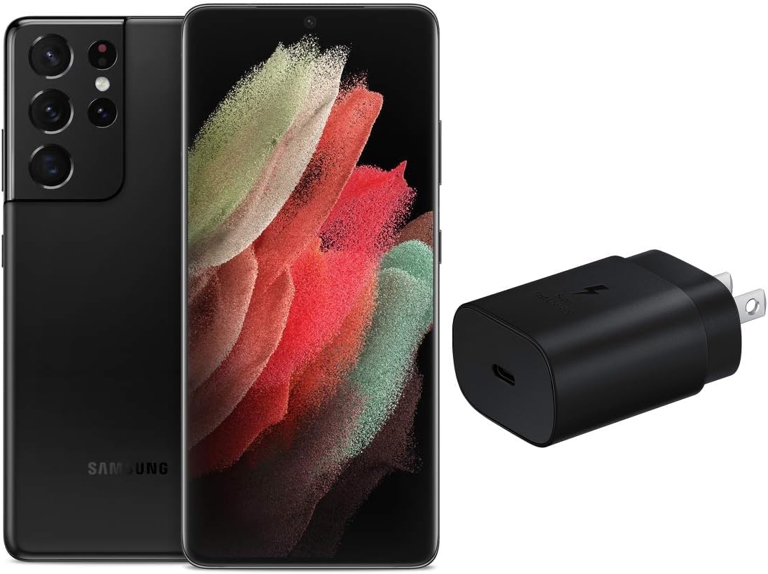 Electronics Galaxy S21 Ultra 5G | Factory Unlocked Android Cell Phone | 5G Smartphone | Pro-Grade Camera, 108MP High Res | 128GB, Phantom Black (SM-G998U) w/ 25W Charger Bundle